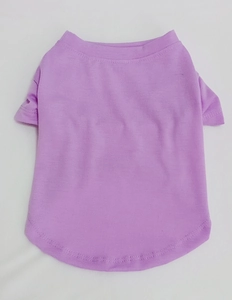 Detailed close-up of purple pet cotton T-shirt with ribbed crew neck and hem stitching