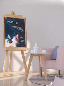 Quadro da grattare artistico con donna e gru in una cornice di legno minimale