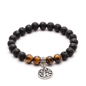 Natural Lava Stone Tiger Eye Beaded Bracelet Alloy Tree Of Life Pendant Essential Oil Diffuser Yoga Jewelry Men Women