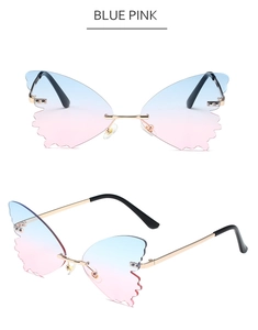 Detail of rimless butterfly sunglasses with blue-pink gradient lenses and metal frame