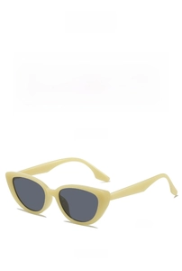 Detail view of cat eye sunglasses with pale yellow frame and grey lenses in two angles