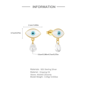 Detailed view of 925 silver evil eye earrings with dimensions and material specs