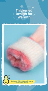 Macro detail of thick pink fleece lining and white knitted texture on kids' warm gloves