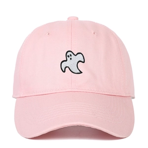 Pink cotton baseball cap with white ghost embroidery and curved brim for outdoor wear