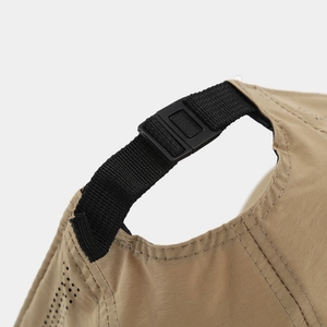 Detailed close-up of khaki breathable fabric with adjustable black nylon rear strap