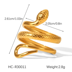 Detailed size parameters of 18K gold snake ring showing dimensions and 2.8g weight