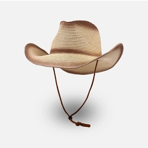 Western Cowboy Straw Hat Vintage Gradient Woven Wide Brim Sun Protection Summer Beach Hat With Adjustable Chin Strap