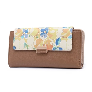 Detail of long floral wallet featuring brown PU leather and multi-card slot structure