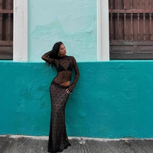 Femme Sexy Dentelle Transparent Mesh Col Montant Manches Longues Haut Et Jupe Maxi Élégant Vacances Clubwear