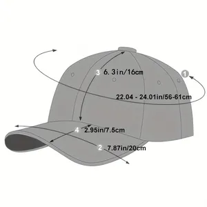 Size guide for flamingo embroidered baseball cap with head circumference and brim dimensions