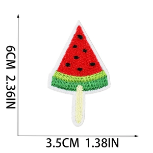 Detailed close-up of watermelon popsicle embroidery patch with precise size measurements