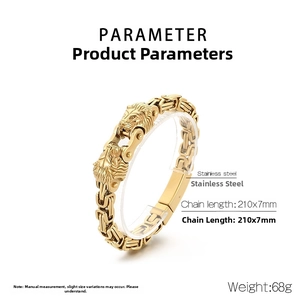 Detailed technical view of a 210x7mm gold-tone stainless steel lion head bracelet