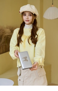 Silver metallic long zipper wallet with butterfly detail held by a model in a warm studio