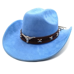 Detail of light blue faux suede cowboy hat featuring a leather band and silver bull head