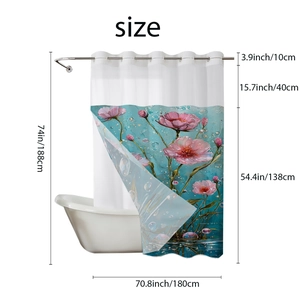Detail showing the floral pattern and precise dimensions for the waterproof shower curtain