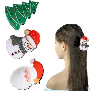 Three-piece set of festive Christmas hair claws featuring Santa, snowman, and tree designs