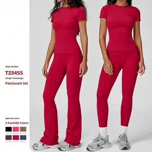 Women's Brushed Yoga Set Slim Fit Short Sleeve Top And High Waist Leggings Sports Fitness Two Piece Set