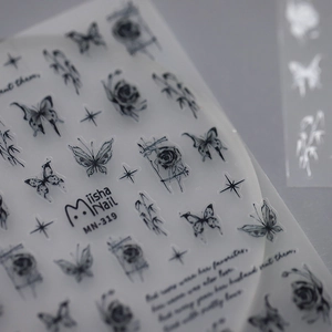Miisha Nail MN-319 embossed nail stickers with minimalist ink style butterfly and floral motifs