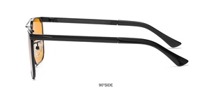 90-degree side profile of black frame sunglasses with orange lenses and metal accents
