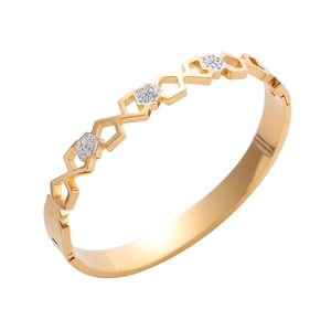 Golden hexagonal honeycomb hollow cuff bracelet with sparkling white zirconia stones