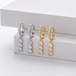 S925 sterling silver dangle hoop earrings with sparkling cubic zirconia in gold and silver