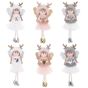 Christmas angel doll ornaments with reindeer antlers in pink, white, and grey colors