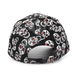 Rear view of skull baseball cap showing red glitter eyes and adjustable metal buckle