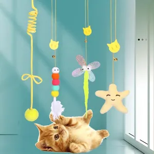 Hanging interactive cat toy set with colorful plush balls and springy elastic cord