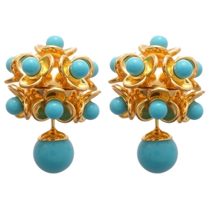 Elegant gold flower earrings with turquoise beads and silver needle posts for women