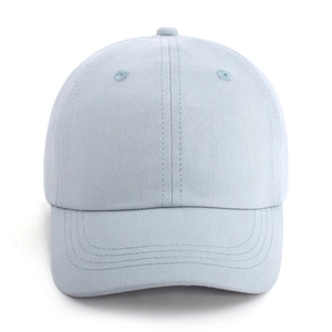 Detail view of light blue cotton twill baseball cap with breathable eyelets and top button