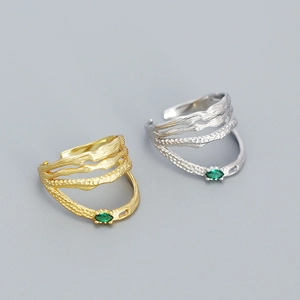 Minimalist irregular S925 silver open rings in gold and silver with green zircons