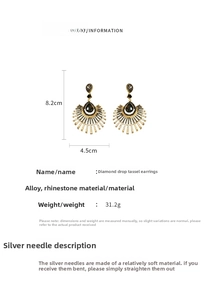 Detailed size chart for vintage water drop tassel earrings with rhinestones and measurements