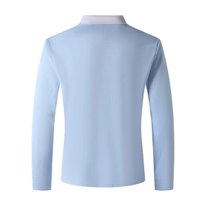 Back view of light blue long sleeve polo shirt showing fine breathable mesh texture