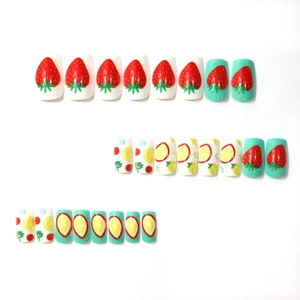 Summer strawberry and lemon pattern press-on nails set in mint green and white colors