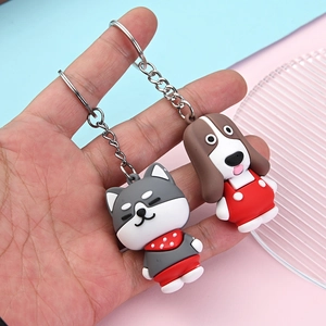 Cute cartoon dog keychains in grey and brown PVC soft rubber with metal rings for kids