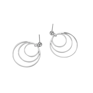 Minimalist silver triple-layered concentric circle drop earrings with geometric design