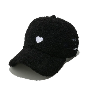 Winter black fleece baseball cap with white heart embroidery for men and women