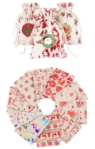 Linen Christmas drawstring gift bags featuring festive Santa and reindeer prints