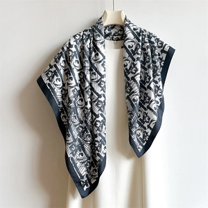 Elegant 90cm black and white silk square scarf with luxury letter print and satin finish