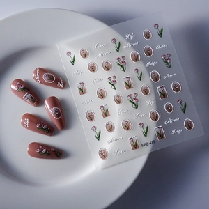3D relief nail stickers featuring pink tulips and vintage lettering on white background