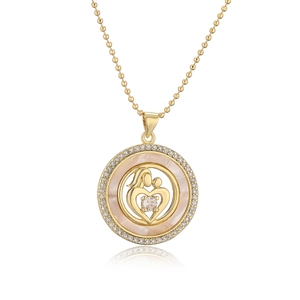 Gold necklace with mother and child heart pendant featuring shell and zircon stone