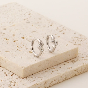 Macro shot of S925 sterling silver hoop earrings with clear round cubic zirconia clusters