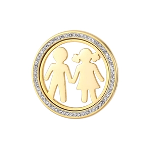 Pendentif rond en acier titane doré avec silhouette découpée de garçon et fille