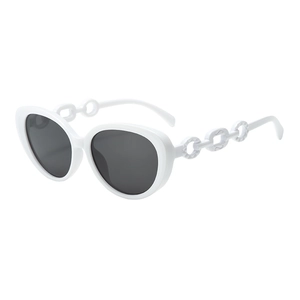 White oval sunglasses with chain-link temples and dark lenses shown from a side view