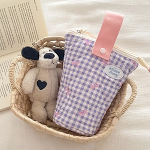 Purple plaid quilted pencil case with pink bow embroidery and white dog plush pendant