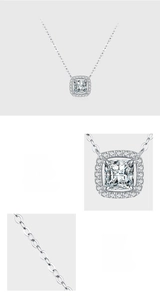 Detailed views of S925 sterling silver necklace with square zirconia pendant and fine chain