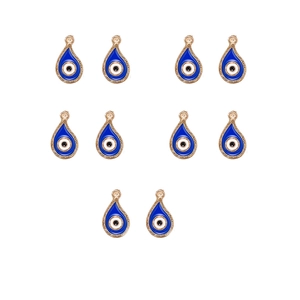 Set of ten golden alloy evil eye pendants with blue and white enamel for jewelry making