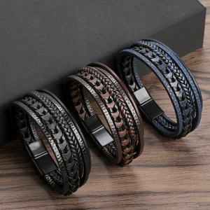 Bracciale Da Uomo Multistrato In Pelle Intrecciata Cordino In Microfibra Chiusura Magnetica In Acciaio Inossidabile Accessorio Di Gioielleria