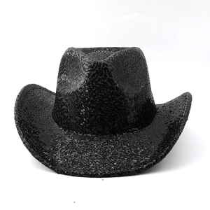 Sparkly black sequin cowboy hat with curved brim for party and stage performance outfits