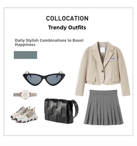 Fashion collocation featuring cat eye sunglasses with beige blazer and woven leather bag